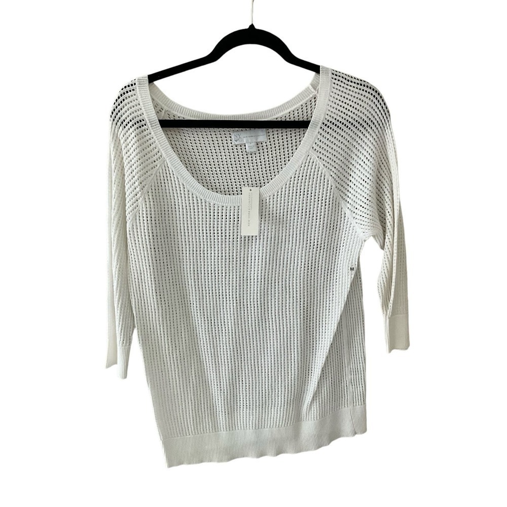 NY & Company Blouse Top Women's Size M White Mesh Crew Neck Long Sleeve Pullover